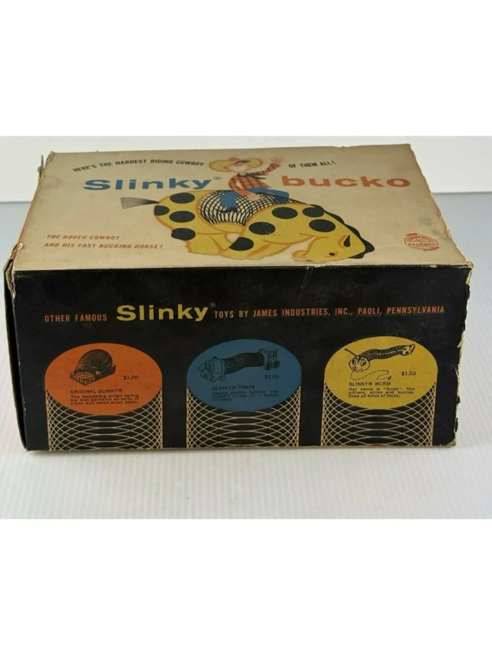 Vintage Slinky Bucko Bucking Pull Toy Cowboy 1950s With original Box